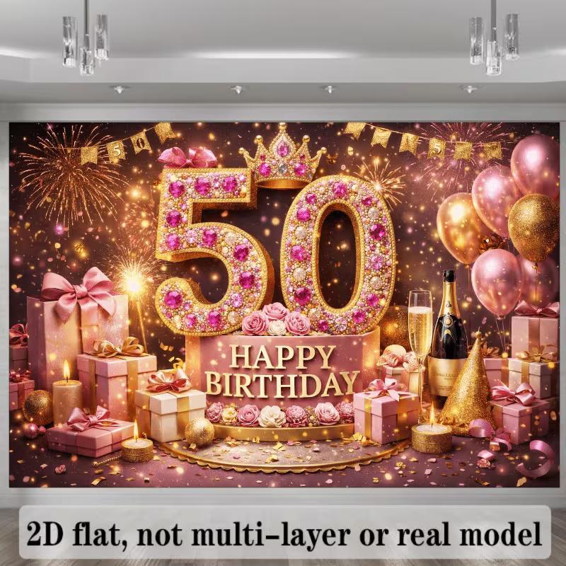 2D Elegant 50th Birthday Backdrop with Champagne, Roses and Gifts Photo Booth Banner