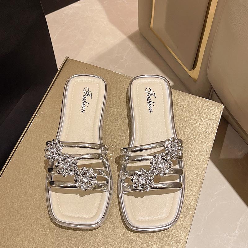 

Блестящие хрустальные тапочки Женские Роскошные сандалии-шлепанцы со стразами Женские Серебристые Нескользящие Износостойкие Летняя обувь 40-41 серебряный