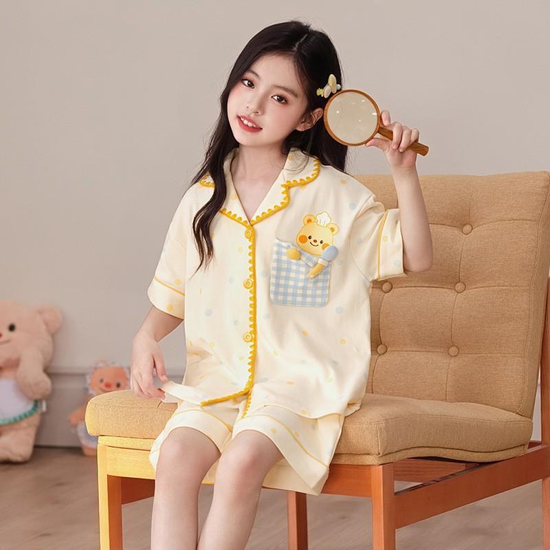 Cute Cartoon Cotton Pajama Set Girls 2026 Short Sleeve Sleepwear Kids 8 Years Lightweight Home Outfit