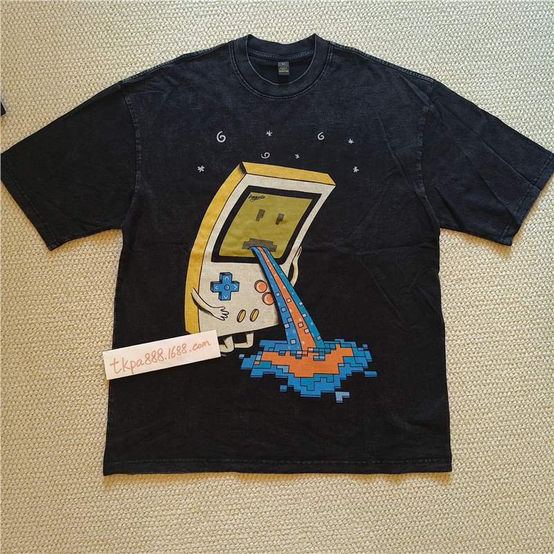 Shirt Short Sleeve Loose Men'S Men'S Shirt Washed T Street Summer Printing Cartoon T Straight Cotton