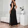 Robe Longue Évasée à Manches Courtes et Col Carré pour Femme Coupe Ajustée Taille Haute Dentelle à Sequins Fente Robe de Soirée
