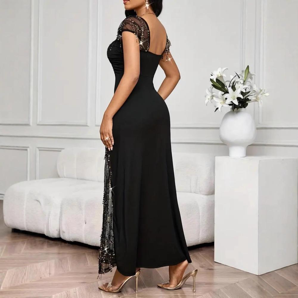 Women's Square Neck Short Sleeve Maxi Dress Slim Fit High Waist Sequin Lace Split Evening Gown