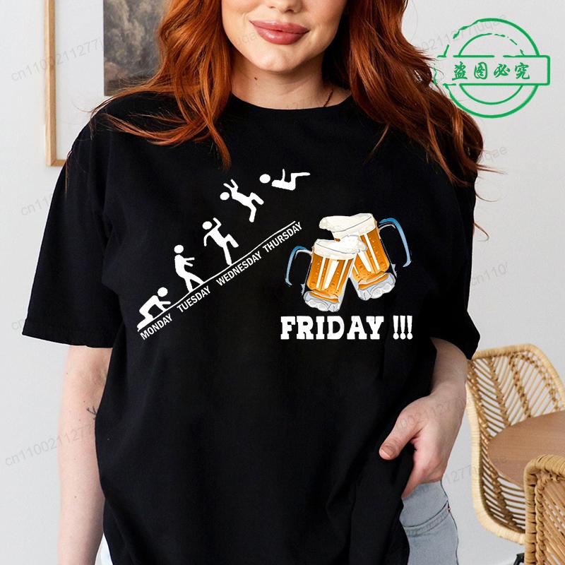 Women T Shirt Monday To Friday Drink Beer Funny Sports Fashion Casual T-shirt Skeleton FRIDAY Beer Graphic Tshirts Women Clothes