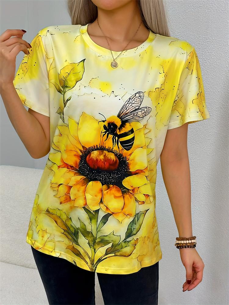 New casual women's short-sleeved blouse, floral print round neck blouse, fashion short-sleeved T-shirt, women's clothing
