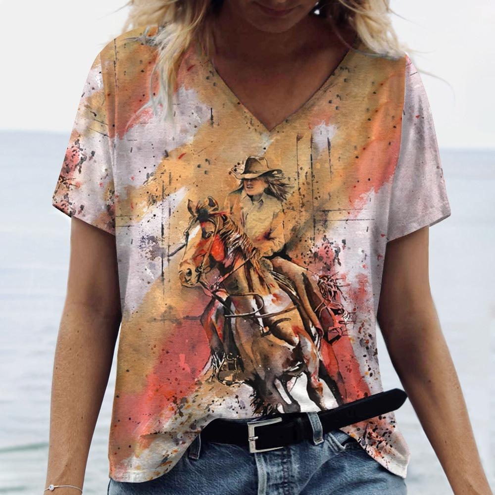 Summer Fashion Ladies Riding Horses 3D Personality Printed T-shirt Women's Loose Comfortable Soft Breathable V-neck Short Sleeved T-shirt