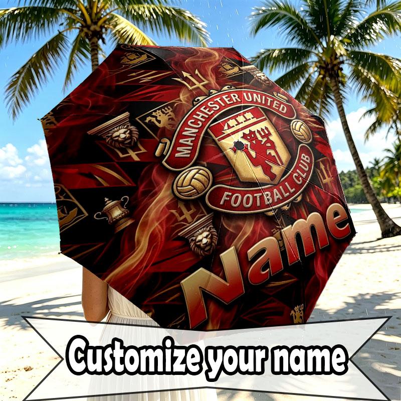Custom Name Personalized Manchester United Print Umbrella, Auto Open Close, 8‑Rib Sturdy Frame, Commute Camping Hiking Use, Birthday Gift