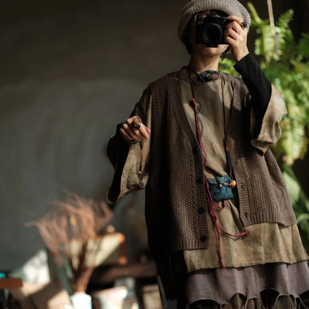 Johnature Dámské pletené jednobarevné knoflíkové jarní bez rukávů kávové měkké vintage svetry kabáty