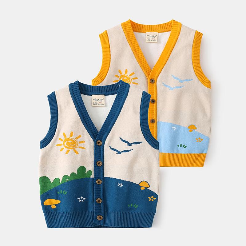 Gilet in Cotone per Bambini Gilet con Bottoni a Cartone Animato Monopetto Senza Maniche Cardigan Moda Autunnale per Bambini Piccoli e Bambini