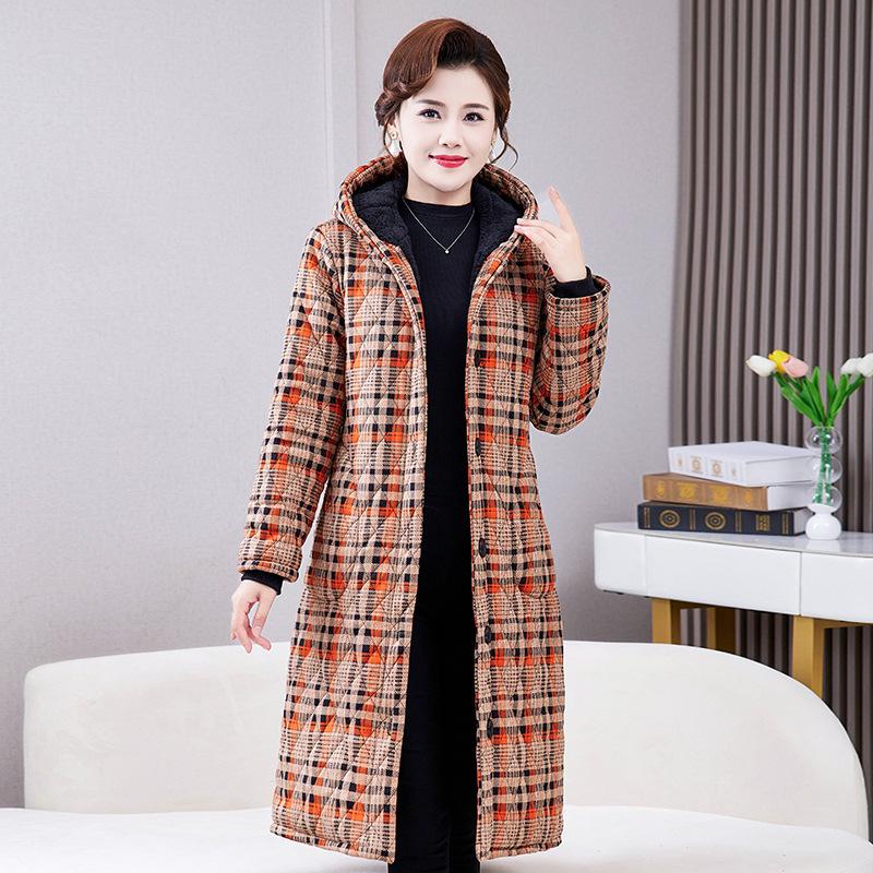 Women's Mid-length Plaid Cotton Coat - Velvet-lined, Thickened for Autumn/Winter