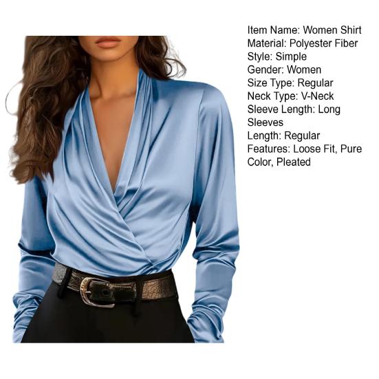Women Shirt V-Neck Long Sleeve Pleated Smooth Satin Shirt Tops Pure Color Spring
