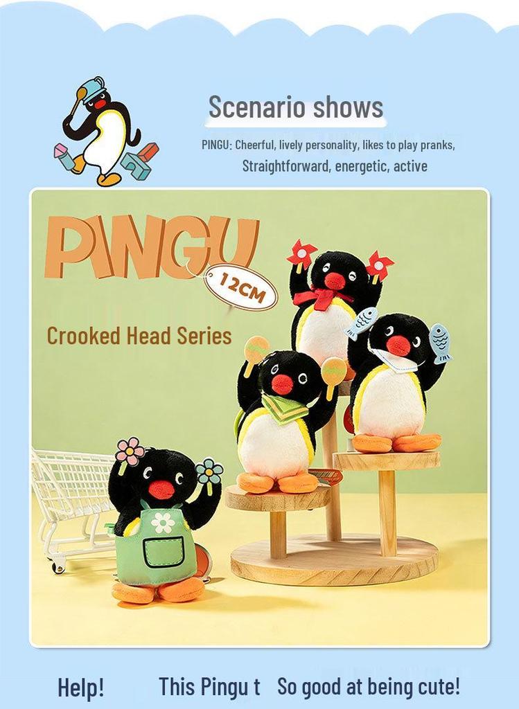 Genuine Pingu Penguin Head Tilt Plush Pendant - Cute Fish-Eating Backpack Charm