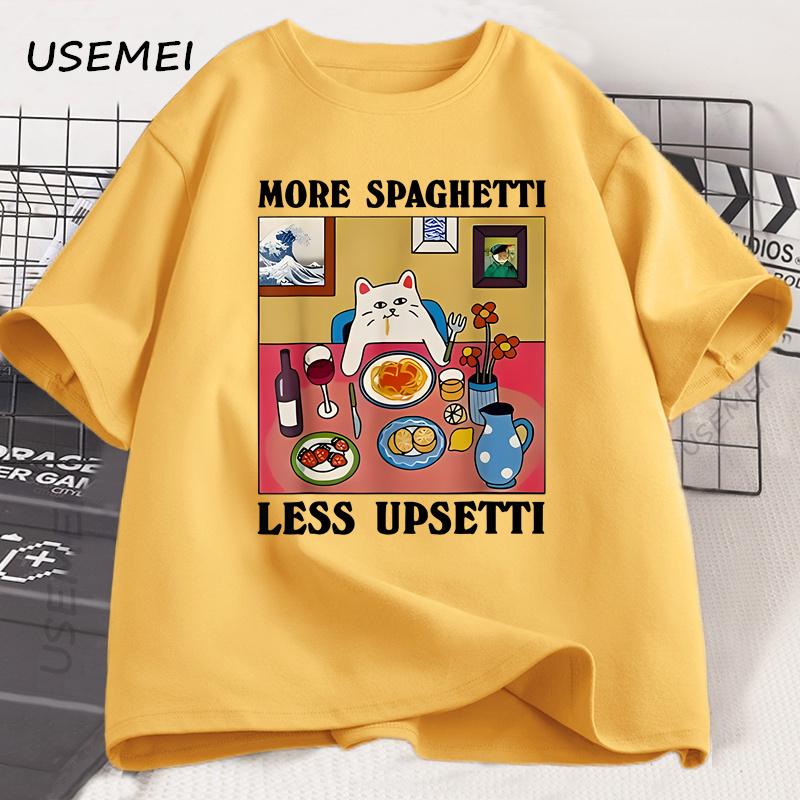 More Spaghetti Less Upsetti Funny Cat T-Shirt Men Women Printed T Shirt Harajuku O Neck Cotton Short Sleeve Tee Shirt Cat Lover