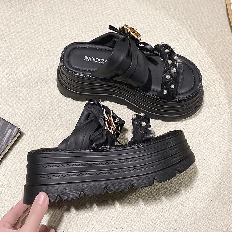 Fashion New 2025 Pearl Strap Chunky Sandals Women Summer High Platform Wedges Slippers Woman Fashion 8CM Heels Thick Bottom Beach Slides