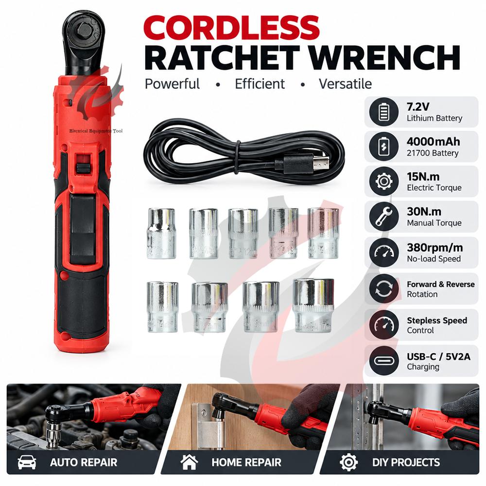 7.2V Cordless Electric Ratchet Wrench with USB-C Charging 15N.m Torque for Car Repair Home Maintenance DIY Projects