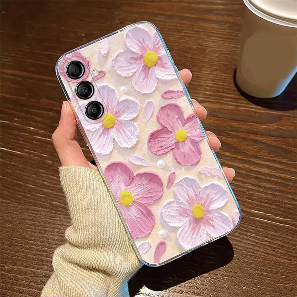 For Samsung Galaxy M13 M14 M15 M23 M33 M34 M53 M54 M55 Oil Painting White Daisy Flower Phone Case Clear Transparent Couple Cover