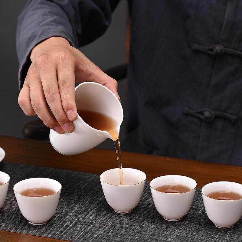 Suet jade Dehua white porcelain ceramic kung fu tea set household tea cup office living room bone china cover bowl