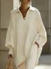Spring 2026 Women's Lapel Casual Loose Lantern Sleeve Sweater - Solid Color