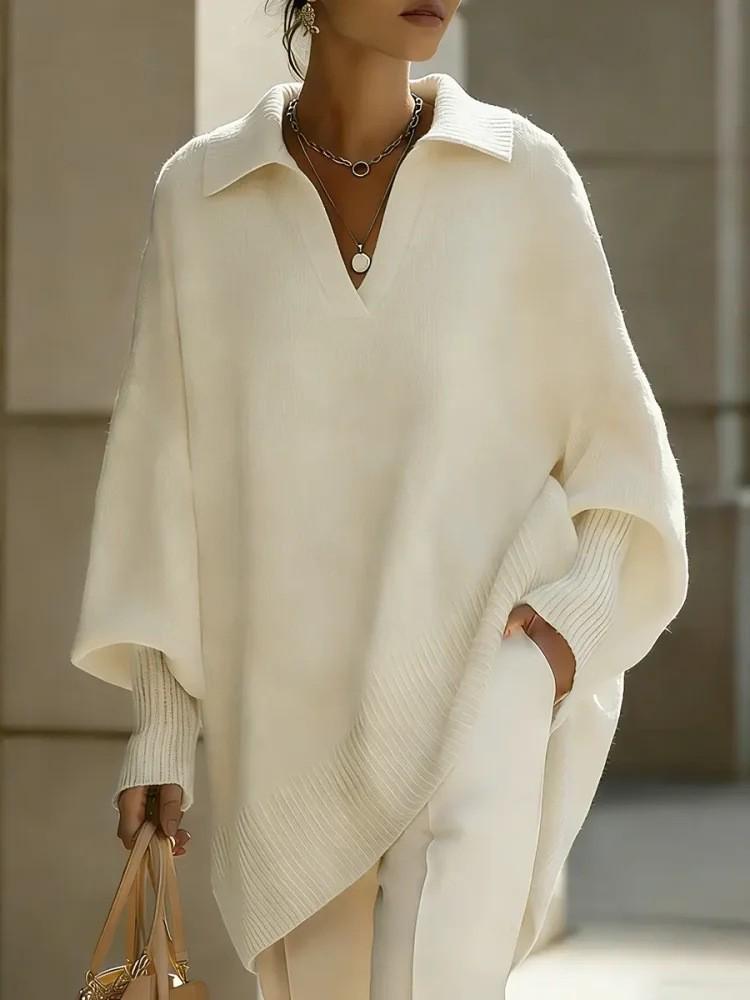 Spring 2026 Women's Lapel Casual Loose Lantern Sleeve Sweater - Solid Color