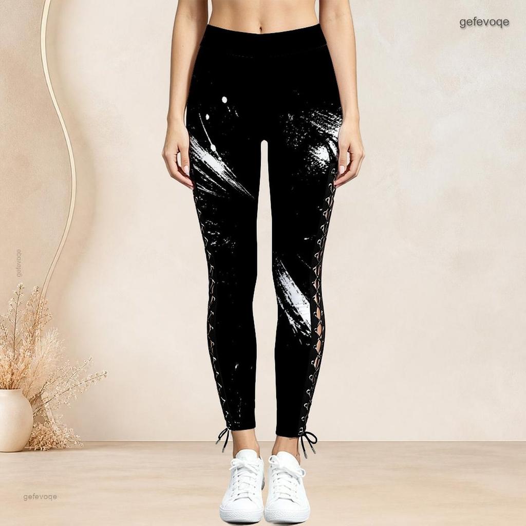 Women Plus Size High Waist Black White Printed Side Eyelet Lace Up Full Length Leggings