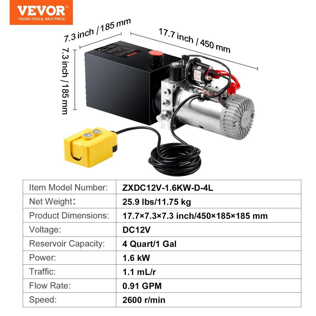 Hydraulic Pump 4 Quart Single Acting Dump Trailer Pump Power Unit DC 12V