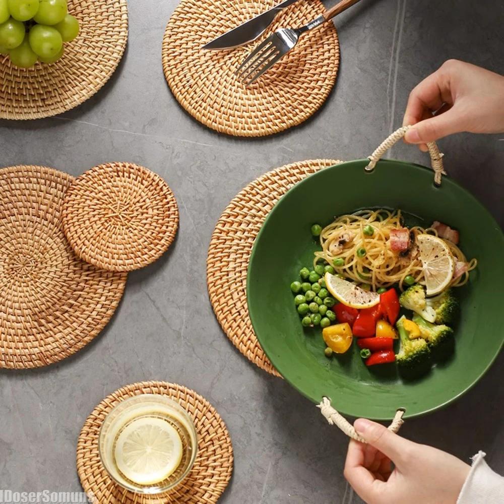 Retro Rattan Coaster Table Natural Woven Rattan Cup Coaster Drink Mug Pot Tea Coffee Placemat Handmade Kitchen Accessories