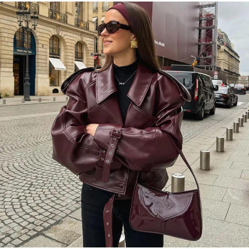 

European and American Women s Leather Clothing Personality Street Pu Lapel Adjustable Cuff Retro Locomotive Jacket Burgundy L