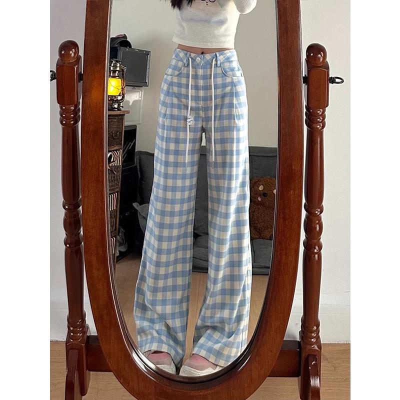 2024 Trendy Blue Plaid High-Waisted Wide-Leg Casual Pants for Women