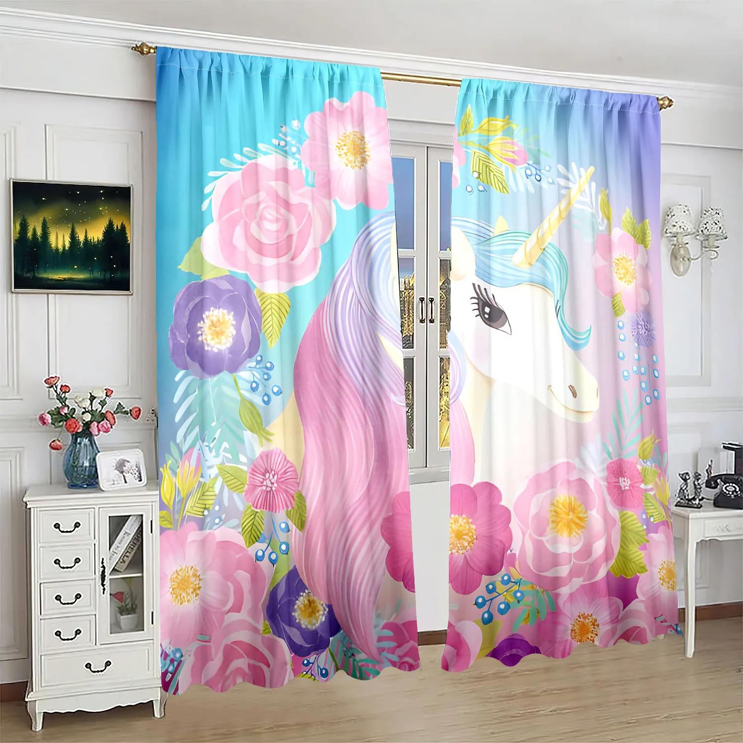 

Unicorn Flower Fantasy Curtains Piece Polyester Set Bedroom Living Room Study Magical Whimsy Window Decor Curtain For Sitting Made Of W100*H70(CM)-Rod Pocket&2PCS