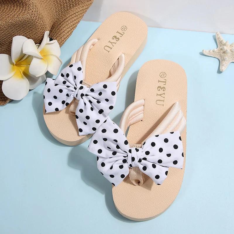 Fashion Polka Dot Bowknot Decor Flip Flops for Women 2025 Summer Lightweight Beach Slippers Woman Fashion Clip Toe Flat Slides Sandals
