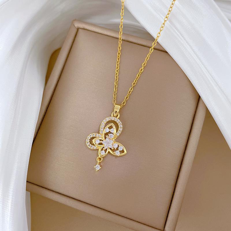Empty Double-Layer Butterfly Full Diamond Light Luxury Temperament Gorgeous Full Diamond Necklace Female Versatile Collarbone Chain Titanium Steel