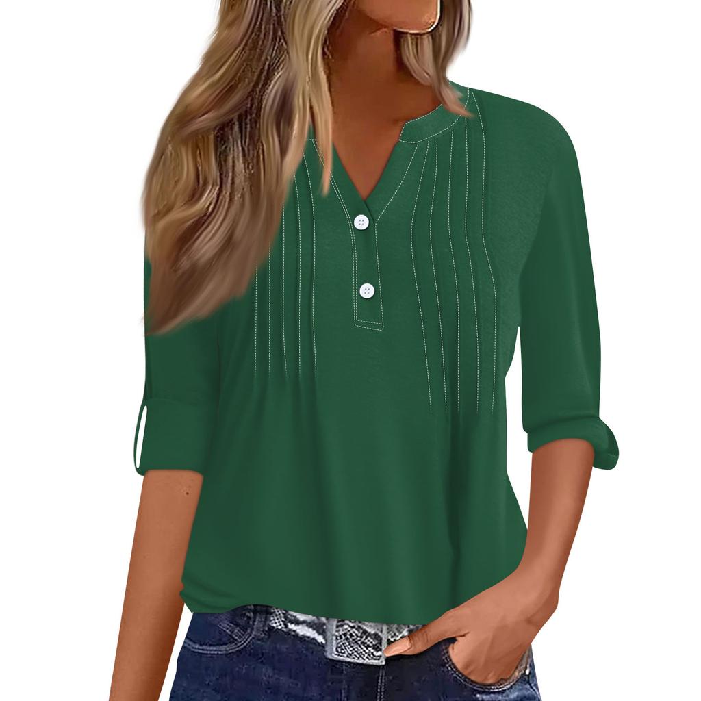 Women's Fashion Casual Colour V-Neck Long Sleeve Button Down T-Shirt Top