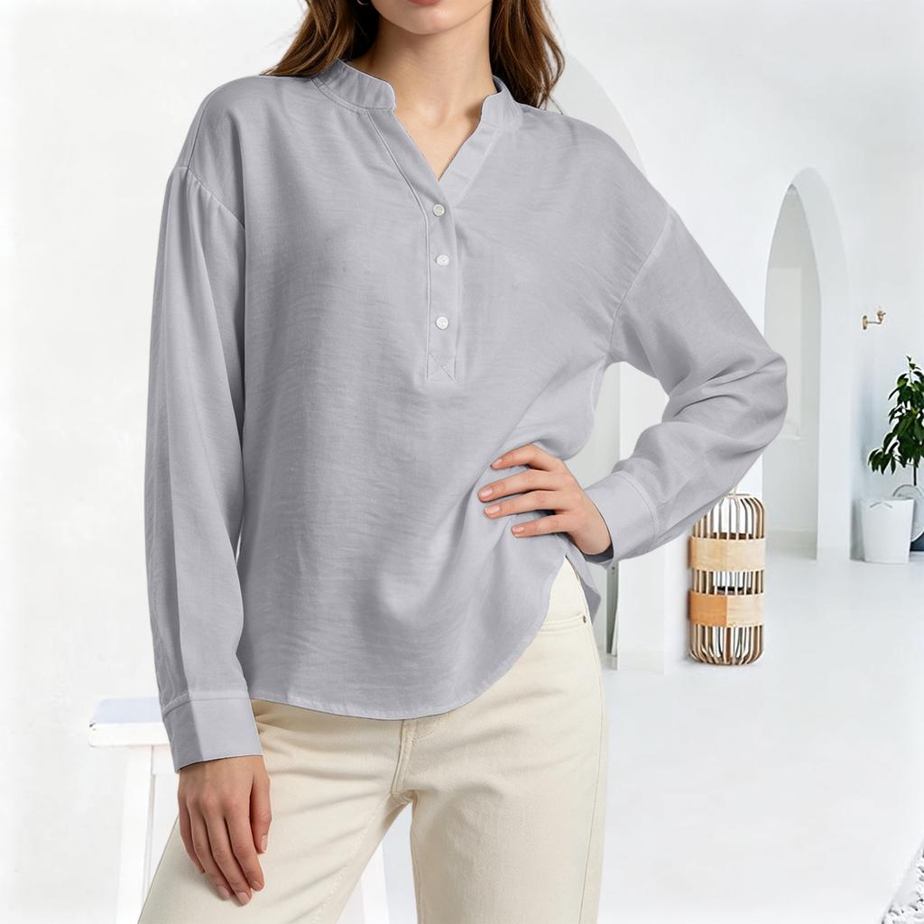 Women's Fashion Casual Loose Pleated Button-Up Long Sleeve  Color Pullover Shirt Top