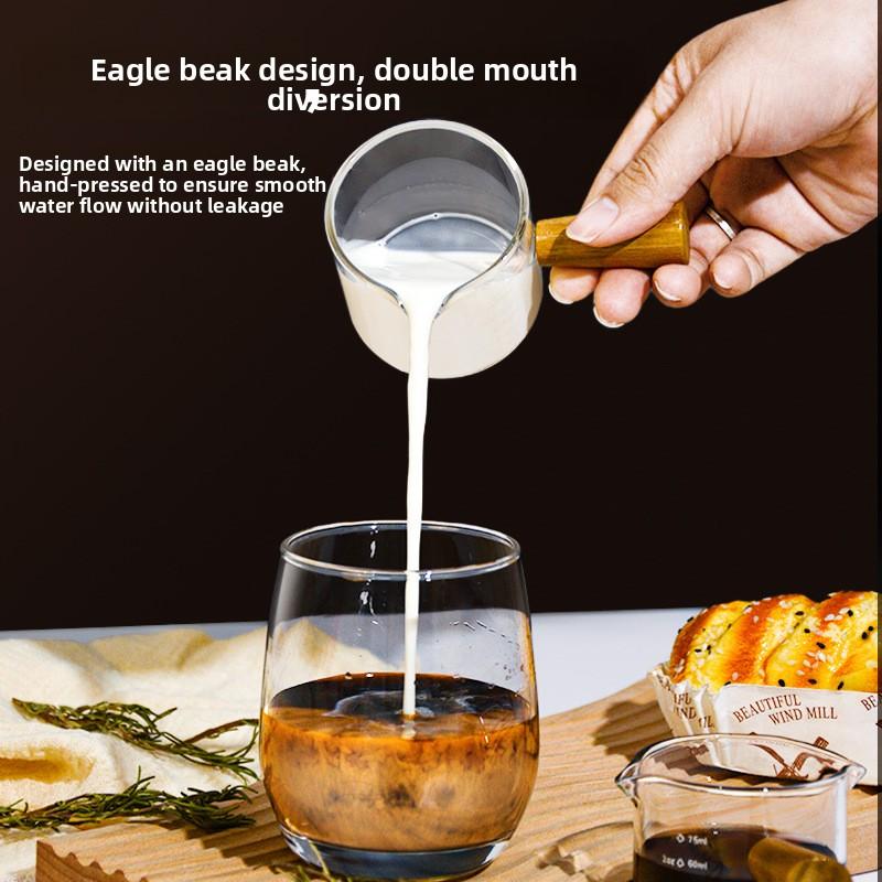 Espresso Extraction Measuring Cup with Scale, Coffee Liquid Ounce Cup, Glass Measuring Cup, Small Milk Cup with Wooden Handle