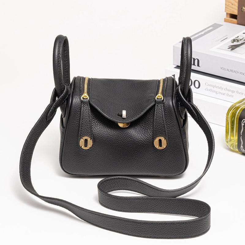 New Mini Lindy Bag 19cm (NO LOGO) Genuine Leather Boston Bag Real Cowhide Fashion Versatile Women Single Shoulder Crossbody Handbag
