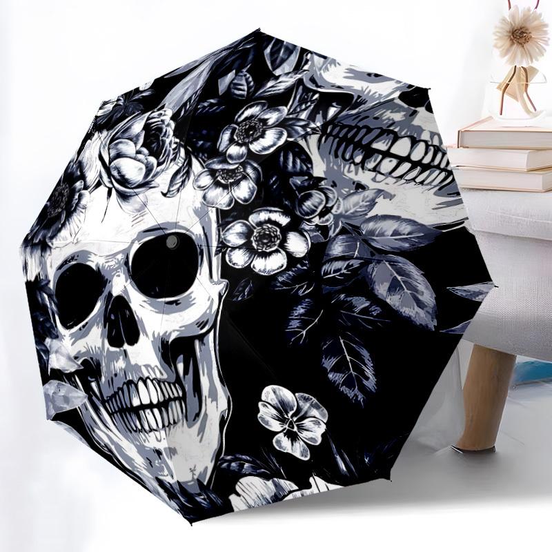 1pc Skull Floral Pattern Folding Umbrella | Elegant Design, Fashionable Accessory, Durable Construction, Sturdy Ribs yy251107127