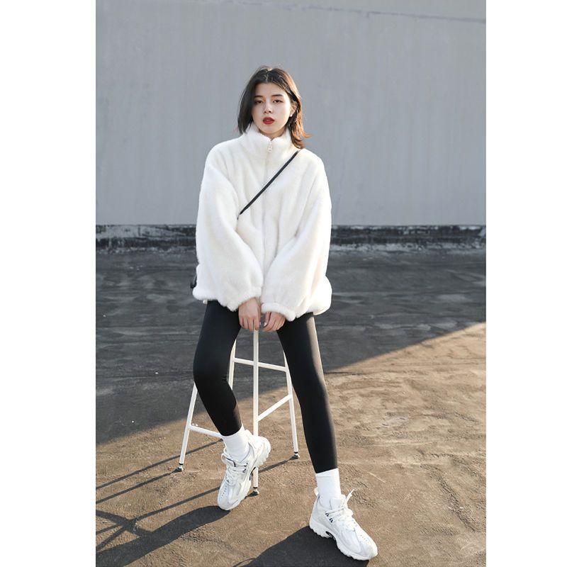 Korean version loose stand-up collar solid color coat medium and long plush jacket top women's winter new women's clothing
