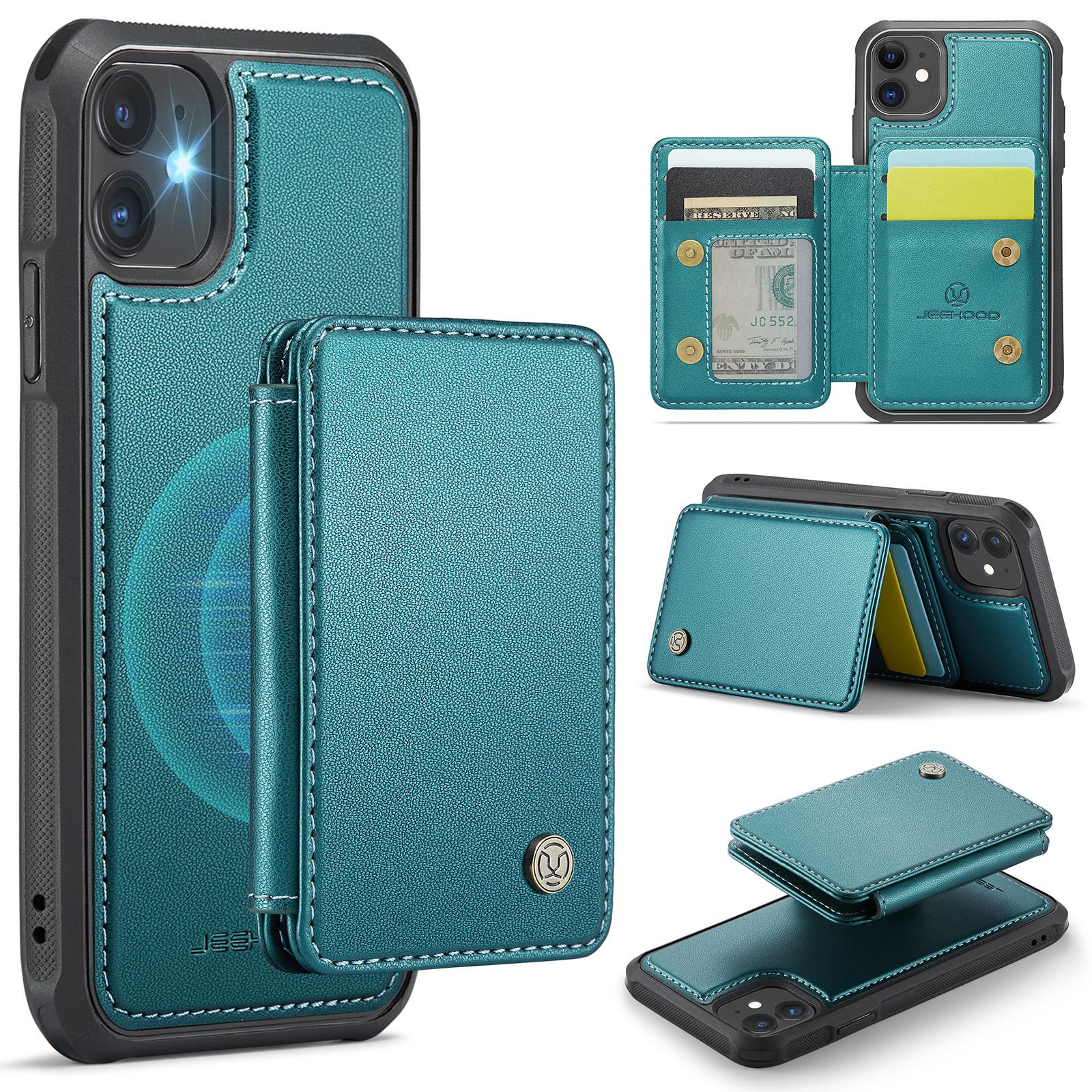 

For iPhone 11 Case Leather Mobile Cover with Detachable Magnetic Card Bag Cyan