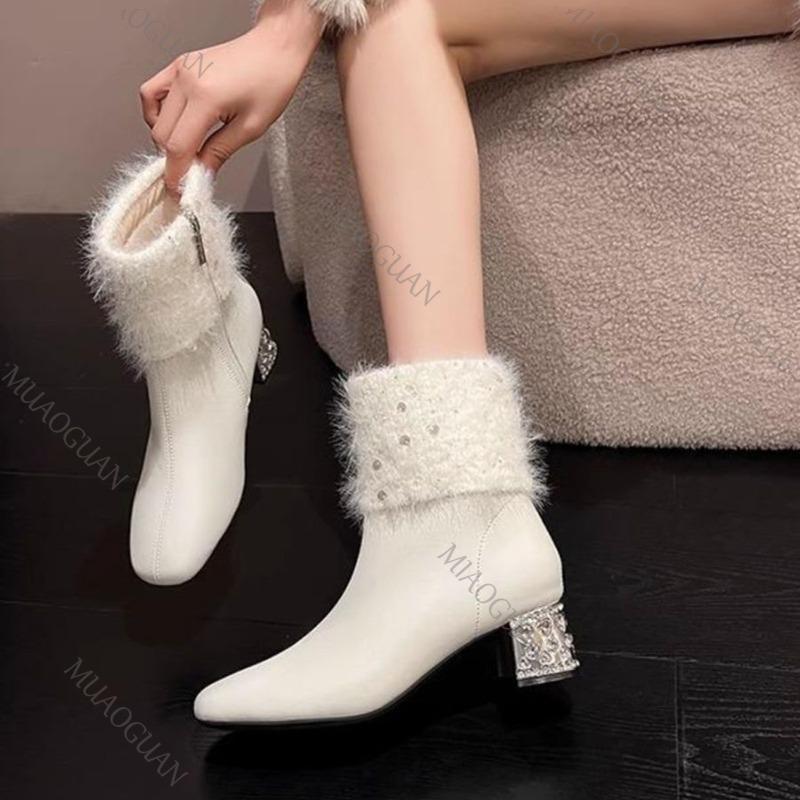 Herfst en Winter Nieuwe Laarzen voor Dames Strass Dikke Hak Veelzijdig Wit Bontachtig Enkellaarsjes Mode Leer Korte Botines
