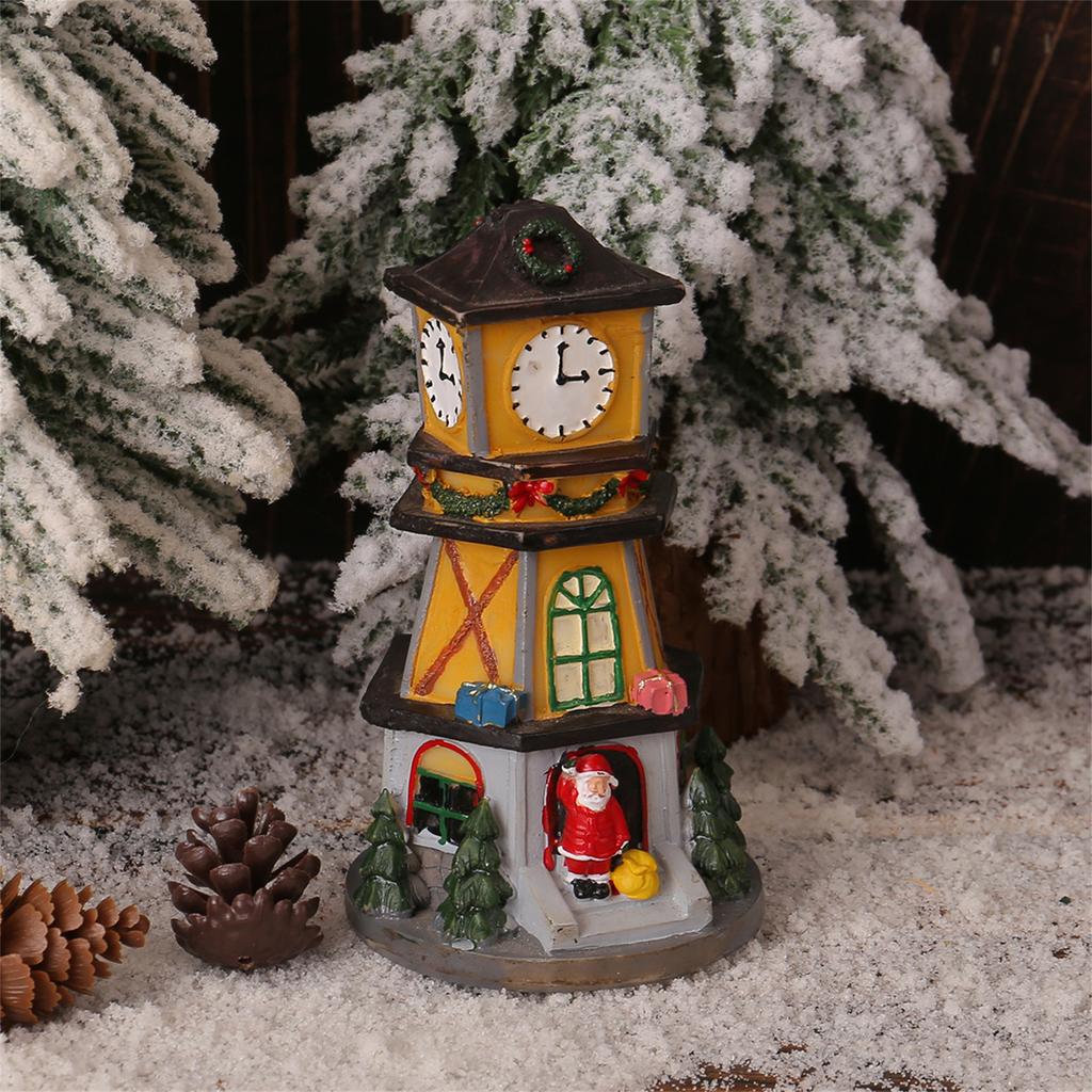 LED Christmas Resin Small House Ornaments Luminous Resin Clock Tower