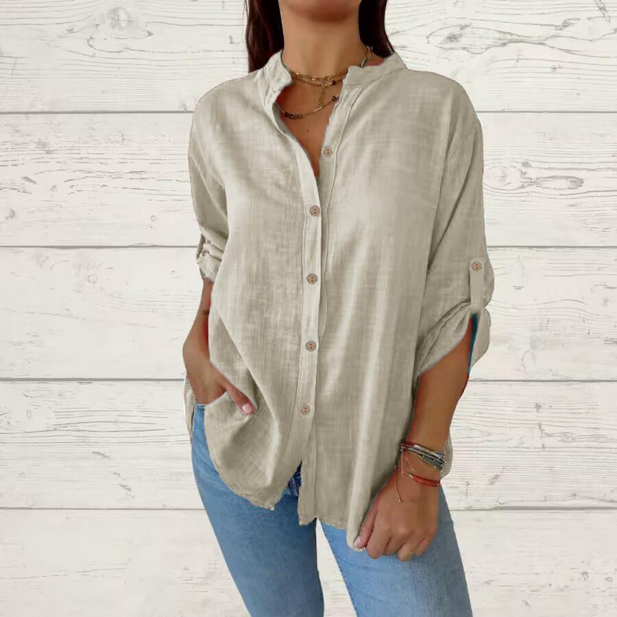 Spring and Summer Solid Color Foldable Sleeves Top V-neck Long Sleeved Casual Loose Women's Blouses & Shirts