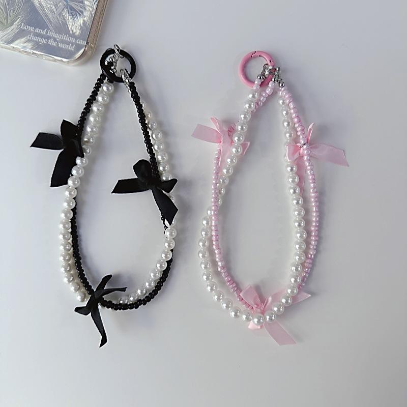 Sweet Pearl Mobile Phone Chain Ballet Style Bow Chain Mobile Phone Universal Pendant Pink Beaded Pendant Keychain