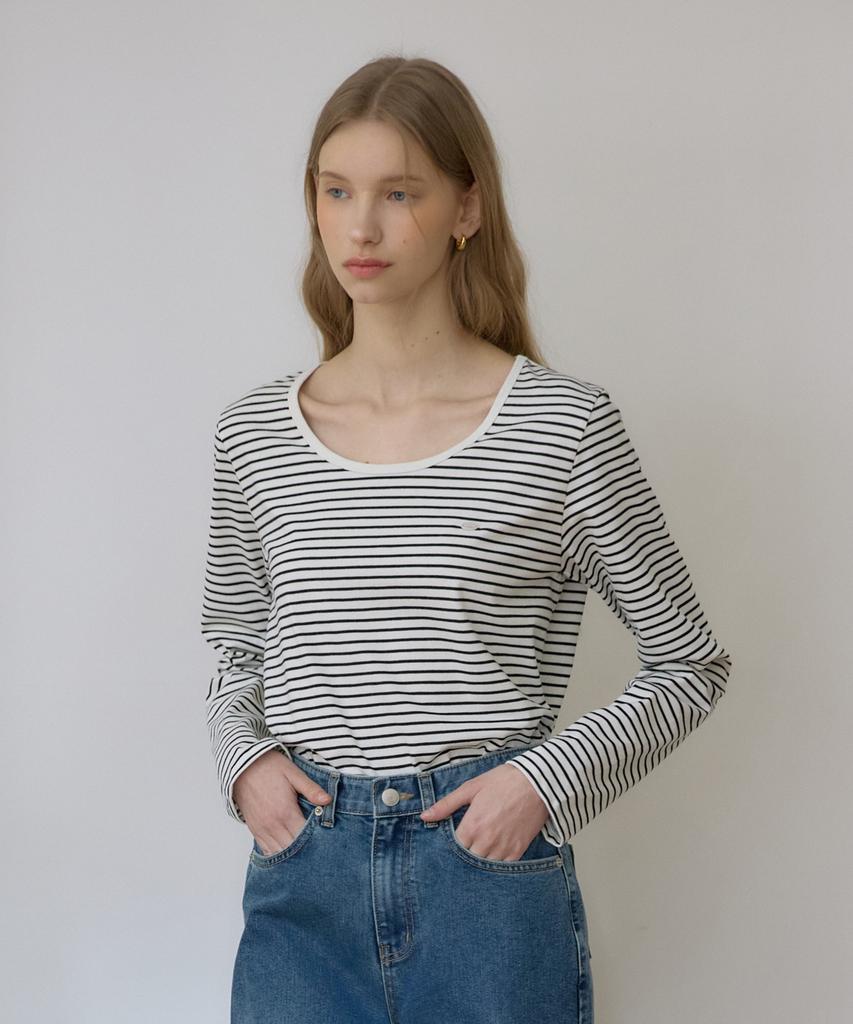 OURHOPE Logo Stripe U-Neck Sleeve T-Shirt - Black
