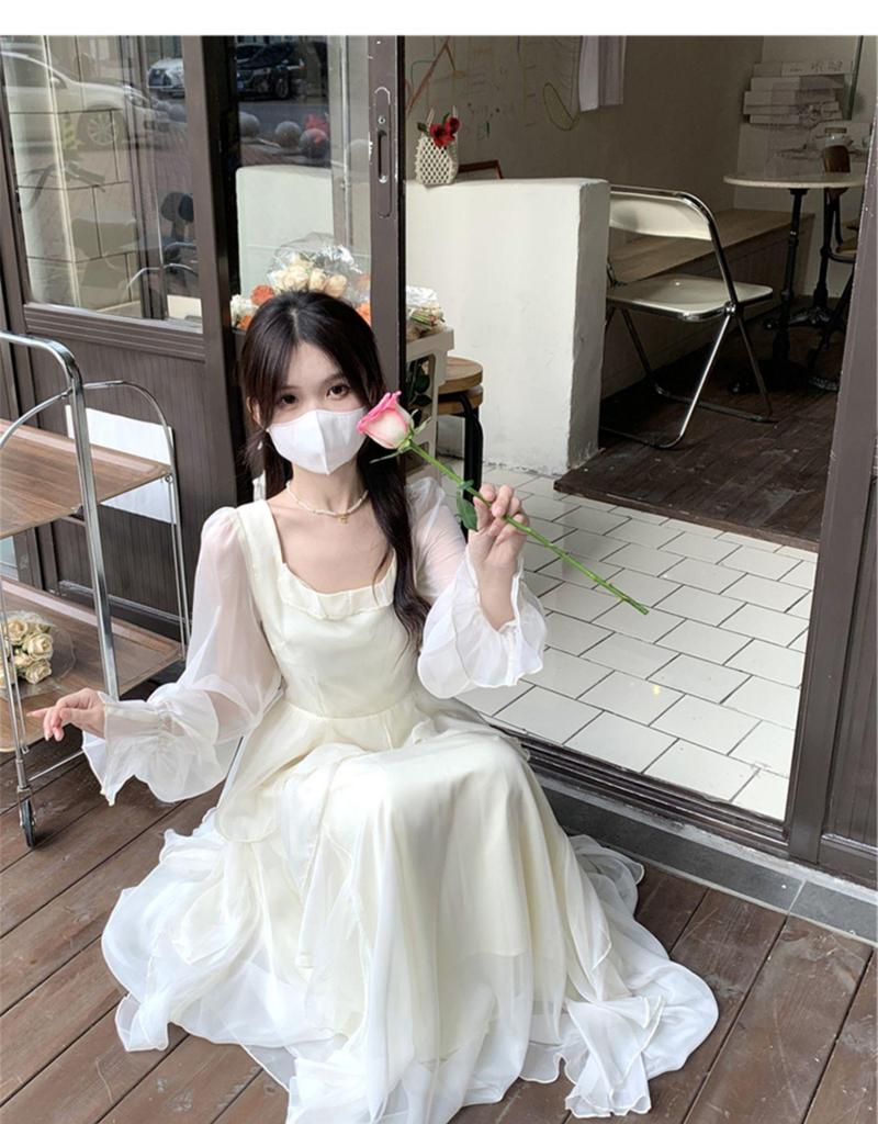 White French Ruffle Long Sleeve Dress: Waist-Defining Fairy Style for Seaside Vacations