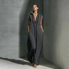 Ärmelloses Damenkleid Stehkragen V-Ausschnitt Langes Kleid Lockere Passform Polyester Elegantes Kleid mit geometrischen Mustern Bedruckt Tägliches Outfit