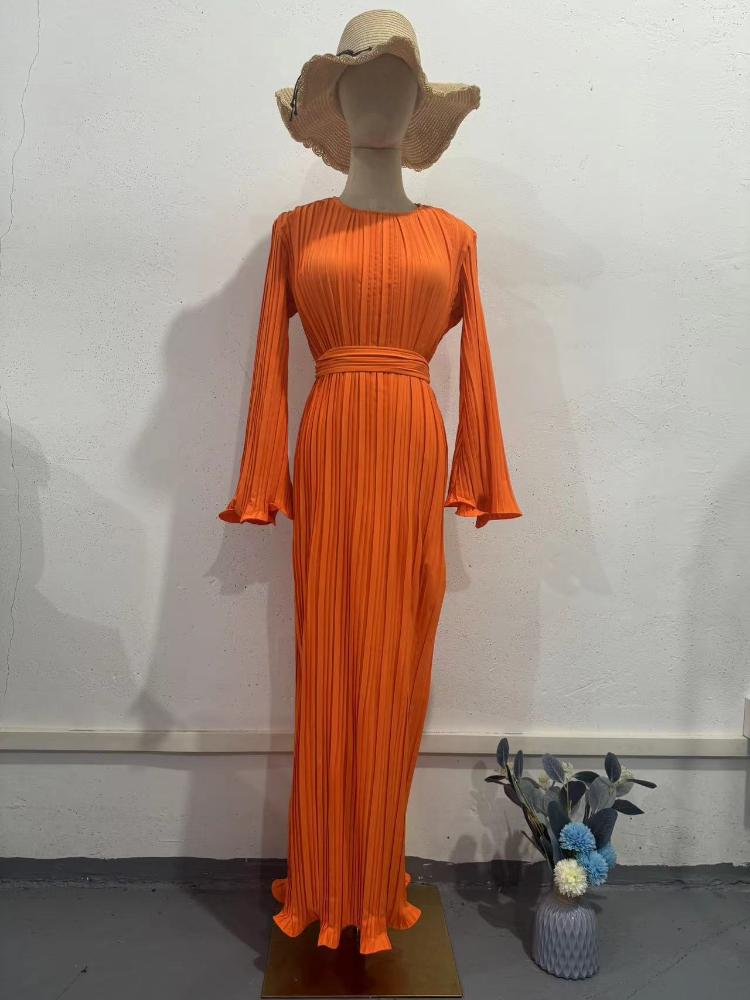 Pleated Maxi Dress Long Flared Sleeves Fitted Waist Elegant Women's Party Dress Casual Ankle-Length