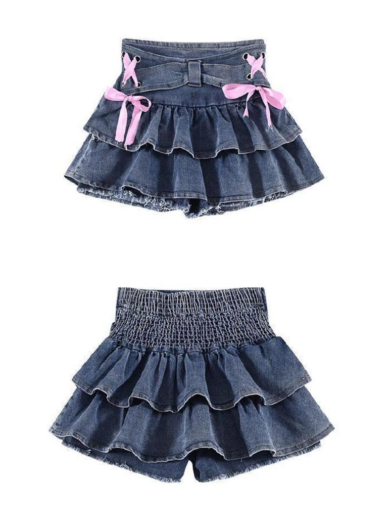 Women's Ruffled Denim Mini Skirt Summer Bandage Bow Blue Shorts Skirt Y2k Clothes Spicy Girl Streetwear