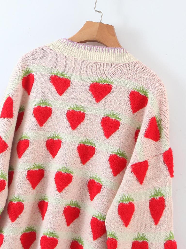 2025 Women's Casual Strawberry Embroidery Knit Pullover - Round Neck, Long Sleeve, Autumn/Winter