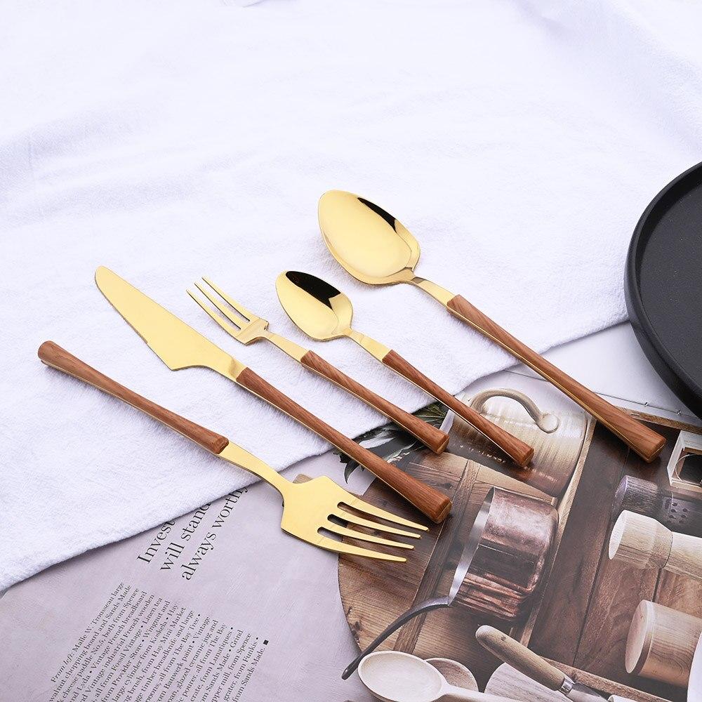Brown Gold 20Pcs Stainless Steel Cutlery Set Knife Fork Coffee Spoon Dinnerware Imitation Wood Handle Tableware Kitchen Flatware