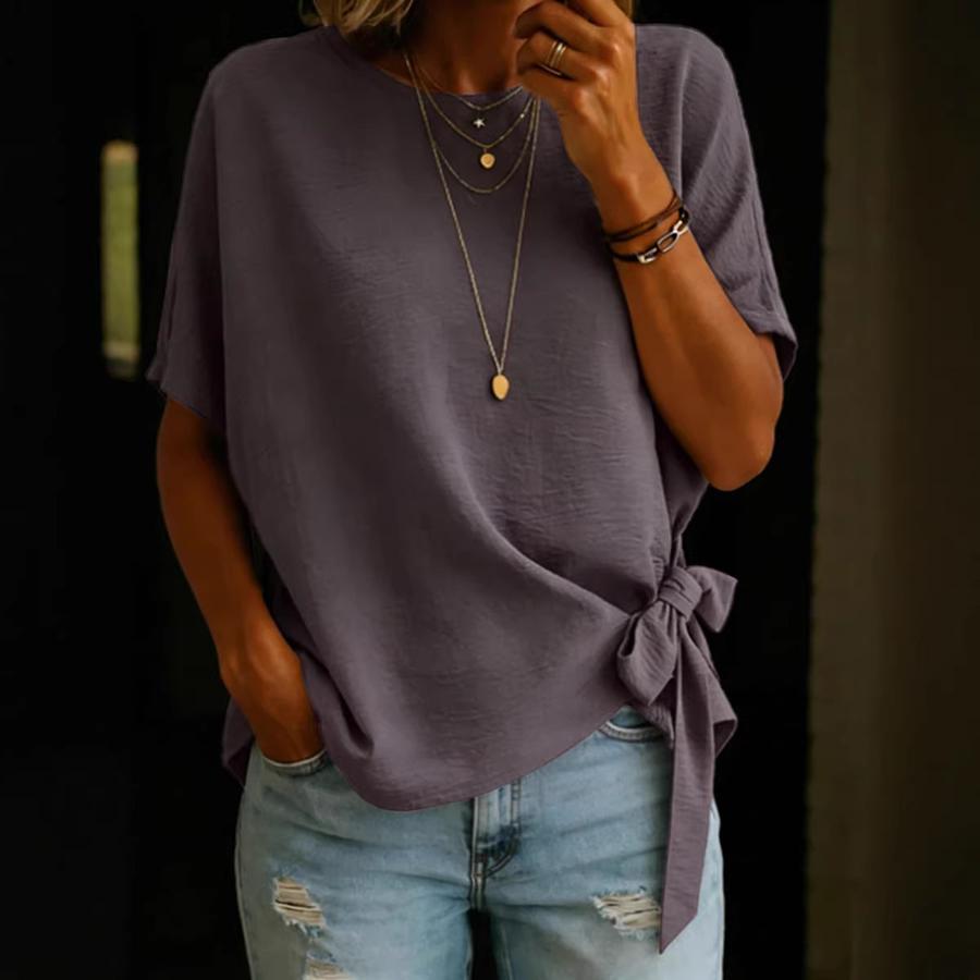 Women's Summer New Solid Color Short Sleeve Loose T-Shirt Top with Frill Hem