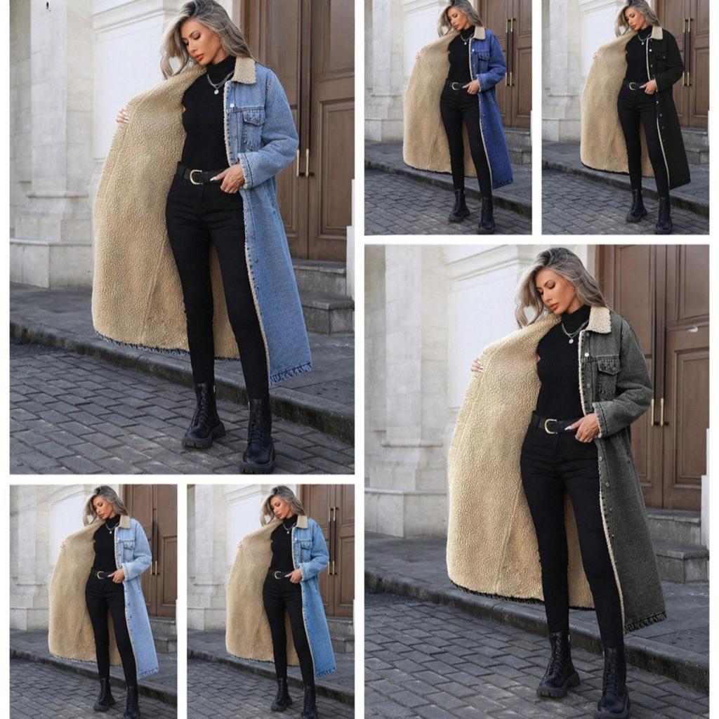Women's Turn Down Collar Long Sleeve Denim Coat Loose Streetwear Sherpa Lined Long Trench Coat
